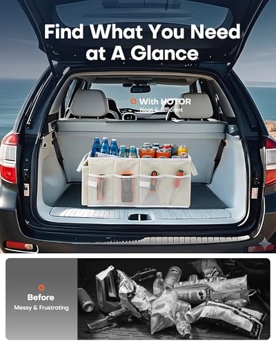 Image of HOTOR Trunk Organizer for Car - Car Organizer, Foldable Trunk organizer for SUVs & Sedans, Sturdy Organization for Car Accessories, Tools, Sundries, Beige, 2 Compartments, 21.3 inchx12.6 inchx10.6 inch