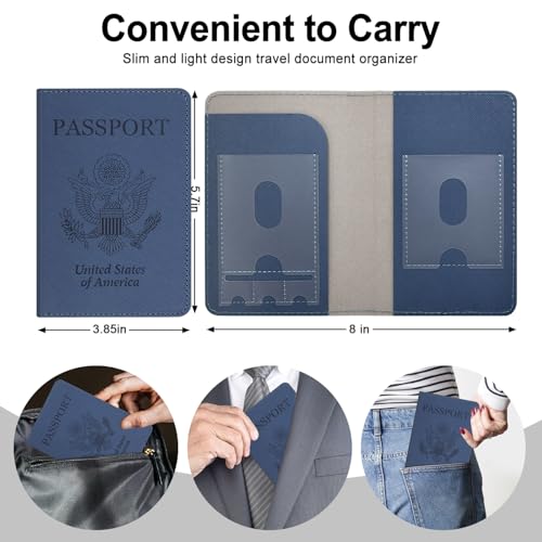 RSAquar Passport Holder for Women and Men, Premium PU Leather Travel Passport Wallet RFID Blocking Passport Cover Travel Documents Organizer (JD-Blue)4