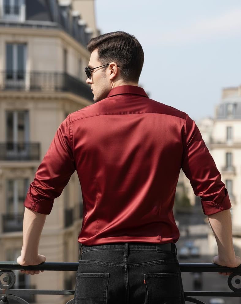 Image of IndoPrimo Men's Premium Satin Shirt for Party, Formal and Casual Wear - Stylish Designer Full Sleeve Shirt for Men