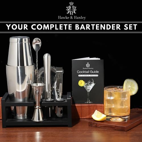Hawke & Hanley Premium Boston Cocktail Shaker Set Bartender Kit - 12 Piece Mixology Bar Set with Weighted Boston Shaker, Bar Tools and a Black Bamboo Stand | Housewarming Gift Ideas