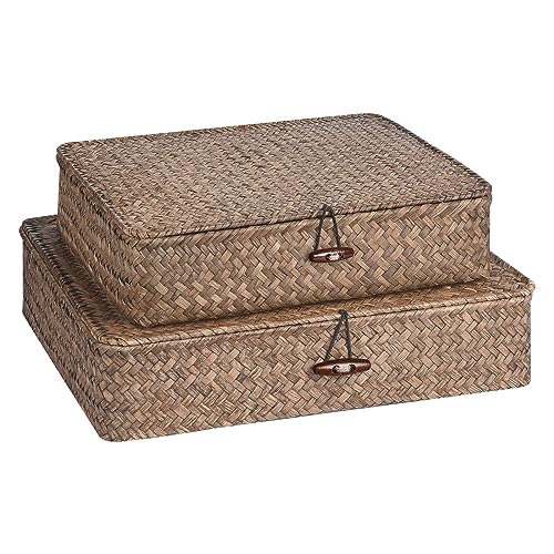 Set of 2 Flat Seagrass Storage Bins with Lid Wicker Storage Baskets for Organizing, Woven Shelf Organizer Bins Home Utility Organizer Box for Home & Office Supplies(Coffee)