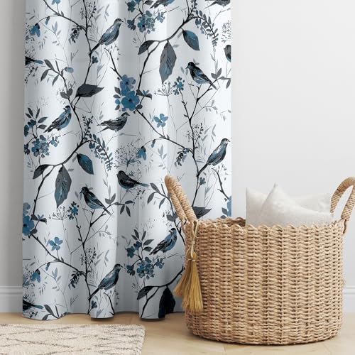 Image of LINENWALAS Decorative Printed Cotton Semi Sheer Curtains 9 Feet Long Set of 2 Panel, Eyelet Ring Hanging, Turquoise Bird Printed Door Curtains (L-9 x W-4.5 Feet, Turquoise Bird)