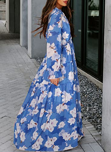 Image of BLENCOT Womens Casual Boho Floral Printed V Neck Long Sleeve Long Maxi Dress Spring Summer Dresses