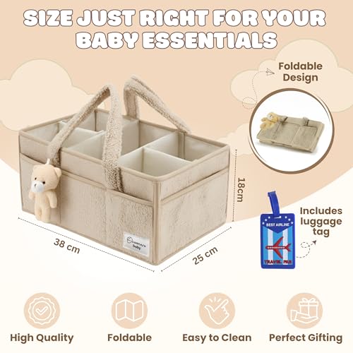 Image of OCEANEVO Cute Fur Diaper Caddy Organizer Bag WITH Luggage Tag AND Bear Charm, Baby Basket Essentials for Newborn Baby Products Storage with Compartments and Handle - 38 x 25 x 18 cm - Model 3 - Beige
