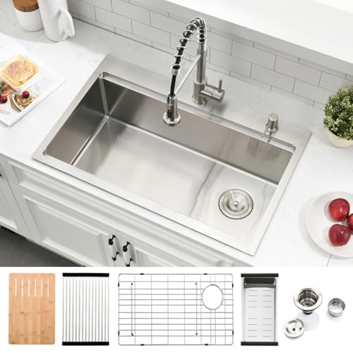30 Inch Drop In Kitchen Sink Workstation - SZBAQTM 30x19-Inch Top Mount Sink Stainless Steel Single Bowl 10'' Deep Handmade Drop In sink with Cutting Board& Strainer