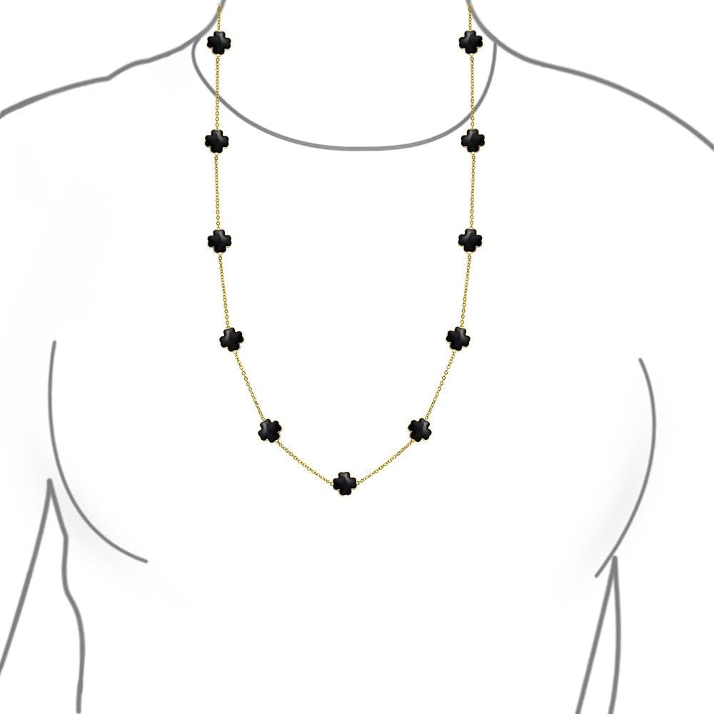 Bling Jewelry Black Flower Long Gold Plated Pearlized Enamel Station Chain Wrap Layer Clover Necklace For Women 40 Inch - Image 5