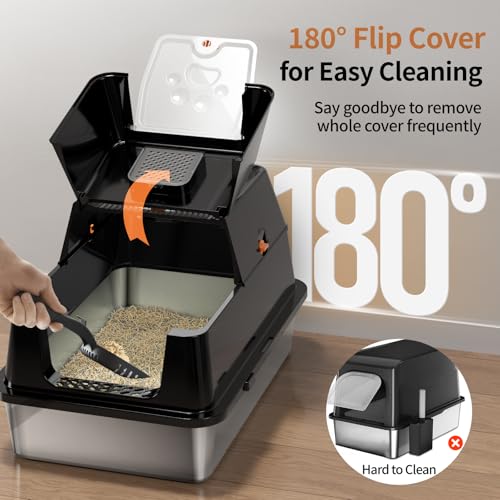 Image of Stainless Steel Cat Litter Box with Lid, 180 Flip-Top XL Extra Large Enclosed Litter Box, Covered Metal High Sided Litter Pan with Steps & Scoop, Easy Cleaning, Odor Control,Non-Sticky-Black