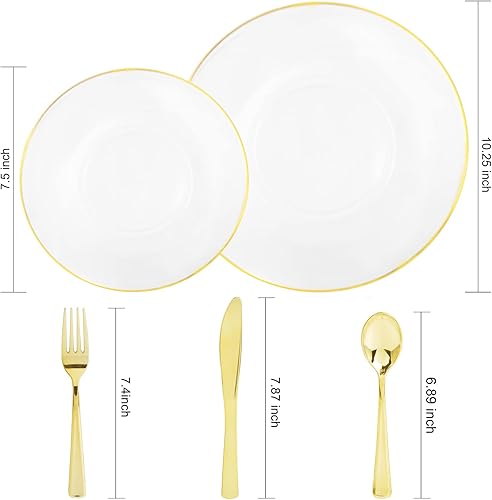 Miniatura 4 de Nervure 125 platos de plástico dorado transparente con borde dorado, 100 servilletas de papel blanco y dorado, servilletas desechables para bodas y