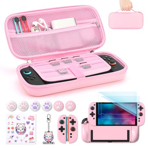 Image of innoAura Switch 2 Case 14-in-1 Bundle for NS Switch 2 (2025), with Carrying Case, Protective Cover, Thumb Grips, Screen Protector, Cute Pendant and Sticker, Pink