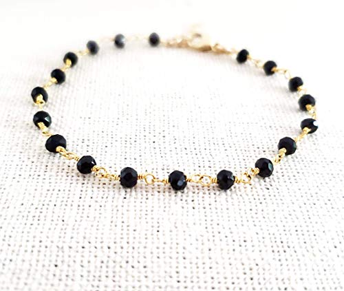 Black Spinel Bracelet - Gemstone Jewelry - Wire Wrapped Rosary Chain - 14k Gold Filled - Gift for Her
