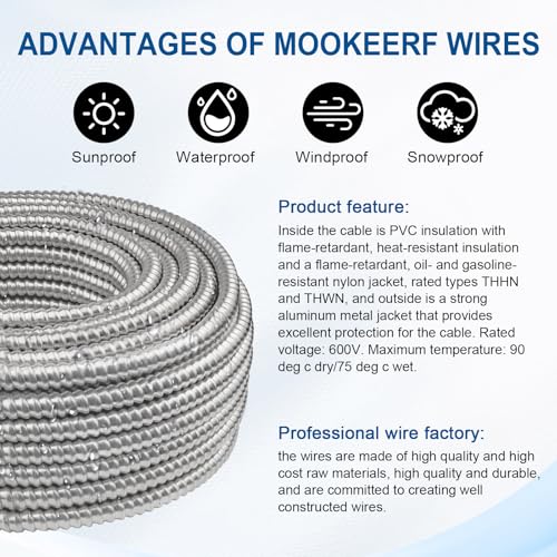 Image of MOOKEERF 8 /2 MC Cable with Ground - 250FT Pure Copper 8AWG /2 Metal Clad Wire with Aluminum Armor 8 Gauge 2 Conductor Type MC Alum Cable