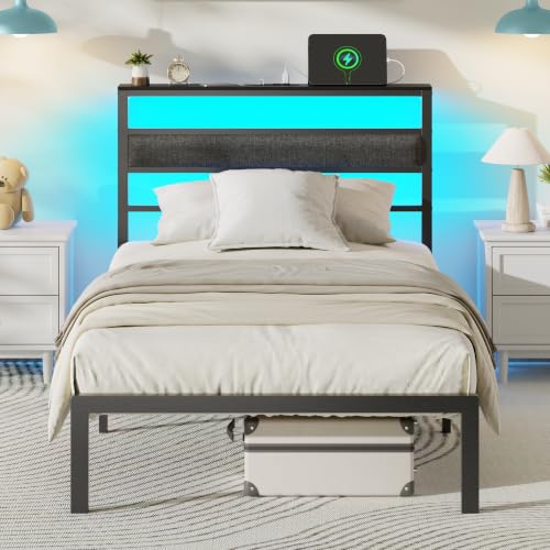Image of OURPIC Twin Bed Frames for Kids, Metal Platform Bed Frame Twin Size with Charging Station and LED Lights, Upholstered Headboard and Storage Shelf, No Box Spring Needed, Easy Assembly