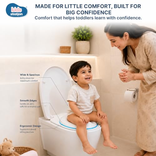 Image of Kids Station Baby Portable Baby Potty Training Toilet Seat Cover with Non-Slip Base, Splash Guard, and Storage Hook-Ideal for 1-5 Year Child, Fits Round & Oval Western Toilets, Toddler Travel-Friendly