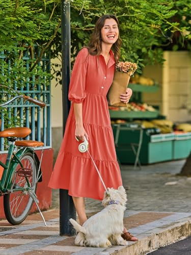 Image of Wenrine Womens Casual 3 /4 Sleeve Shirt Dress Button Down V Neck Tiered Collared Flowy Maxi Dress