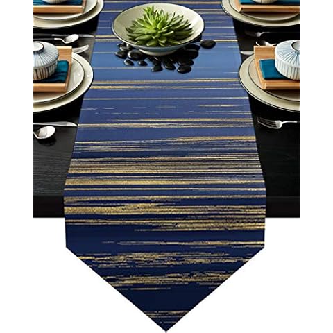 ALAGEO Abstract Marble Table Runner Blue Gold Cracked Lines Dresser Scarves Textured Design Decorative Runners for Holiday Gatherings,Dinner,Outdoor Indoor Parties, Machine Washable, 13x90 inch Cover