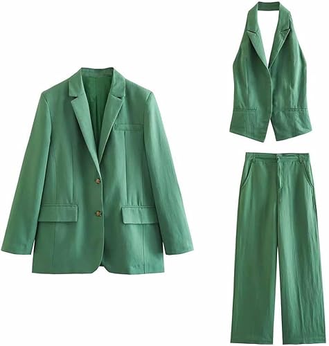 DCOT Linen-Blend Office Chic Suit Jacket Halter + Top + Elegant Female Trousers