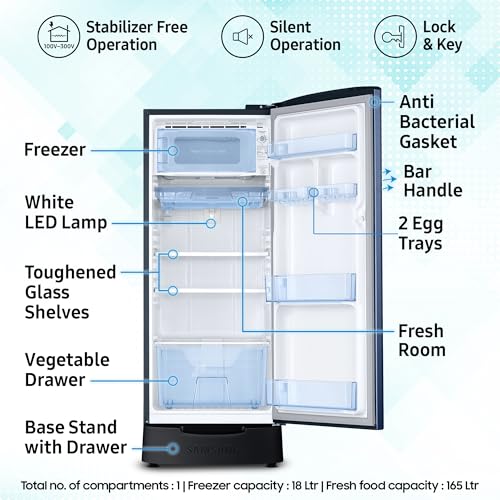 Image of Samsung 183 L, 4 Star, Digital Inverter, Direct-Cool Single Door Refrigerator (RR20C1824CU /HL, Camellia Blue, Base Stand Drawer)