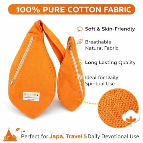 Image of Pure Cotton Original Gomukhi Japa Mala Bag, Chanting Bag or Prayer Beads Bag with Zip Pocket and Sakshi Mala Counter (Saffron Bhagwa)