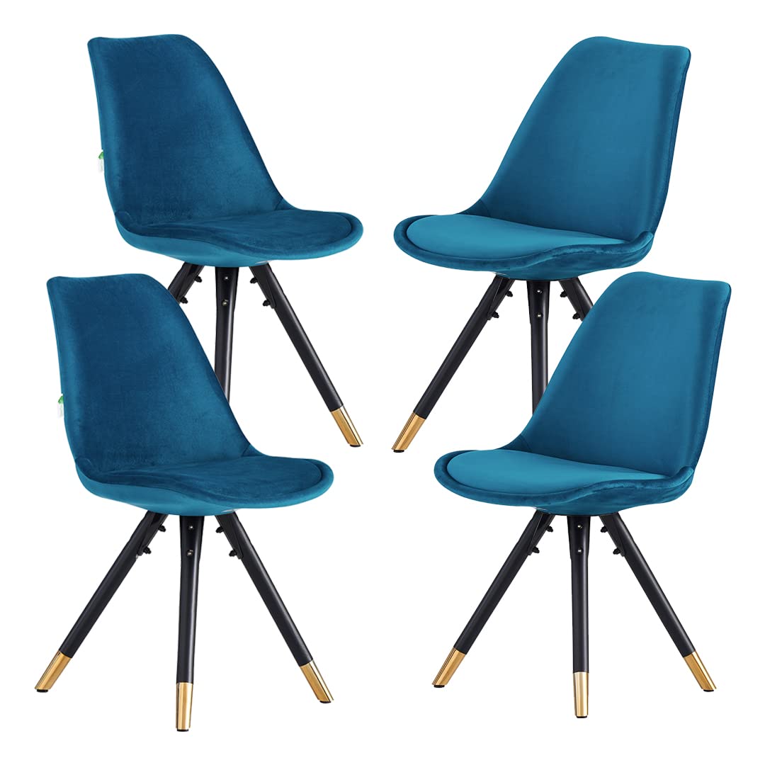 Life Interiors Unisex Blue Set Of 4 Sofia Ergonomic Modern Dining Chairs Upholstered In Velvet, Metal Legs W/ Gold End Caps In