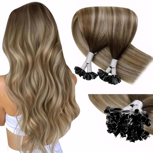 LaaVoo Extensiones Queratina Castaño Oscuro Ombre Castaño Claro Rubio Balayage Extensiones Pelo Natural Queratina 40cm/16Pulgadas Extensiones De Pelo Natural Con Keratina 1g/s 50g #3/8/24