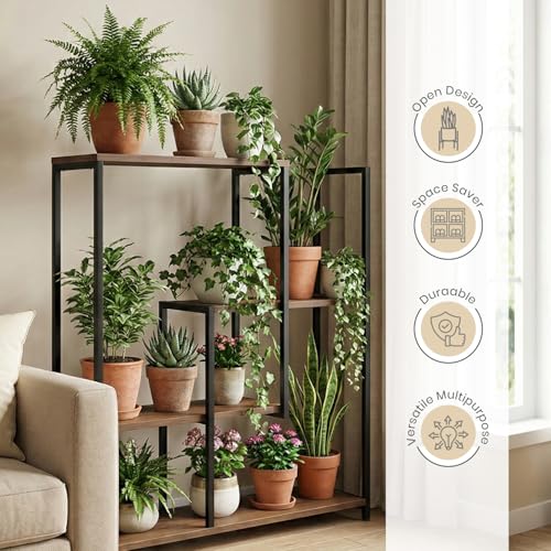 Image of ORILEY TriVista 3 Tier Wooden Plant Stand with Rectangular Base Indoor Multiple Flower Pot Holder Wood Display Racks for Home Potted Plants and Flowers Balcony & Garden Tall Shelf (Pack of 1)