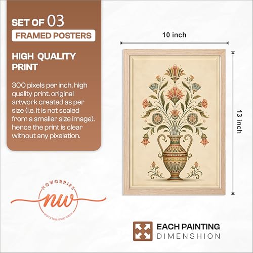 Image of NoWorries Floral Vase Wall Art Set of 3 Framed Prints | Indian Traditional Botanical Painting, Vintage Rajasthani Flower Pot Poster, Ethnic Royal Wall Decor for Living Room Bedroom Home (Synthetic Engineered Wooden Frame) (MIN -7, 10x13 inches)