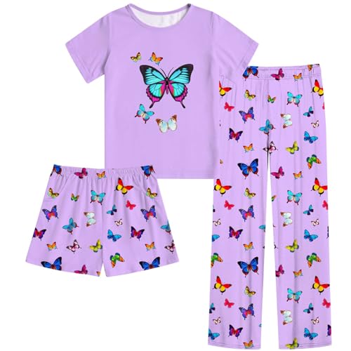 Funnycokid Girls Pajamas 3 Piece Short Sleeve Shirt Top Pants Shorts with Pockets 7-14 Years