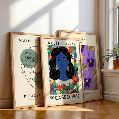 Image of NoWorries Modern Abstract Wall Art Frame | London Chelsea Floral Print & Picasso' Inspired Wall Art Paintings 300 GSM Premium Prints | Stylish Home Decor for Living Room, Office & Bedroom | Synthetic Wooden Wall Art Frames (Set of-3) (NATURAL, ART-3, 17X25INCHES)
