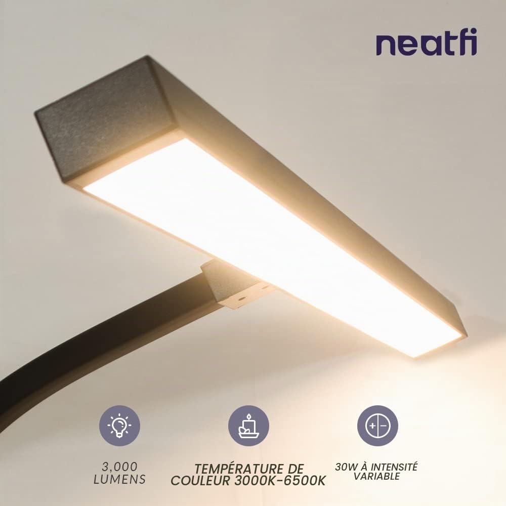 Neatfi (Nouveau modèle) Lampe de bureau LED moderne avec pince, 3 000 lumens, 3000K-6500K, intensité variable, 5 niveaux de luminosité et modes d'éclairage (80 CM, Noir)