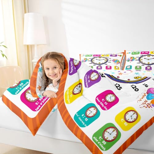 Image of Feelyou Educational Bedding Set King, Time Learning Comforter for Kids Boys Girls Time Colock Comforter Set Educational Duvet Set 3Pcs