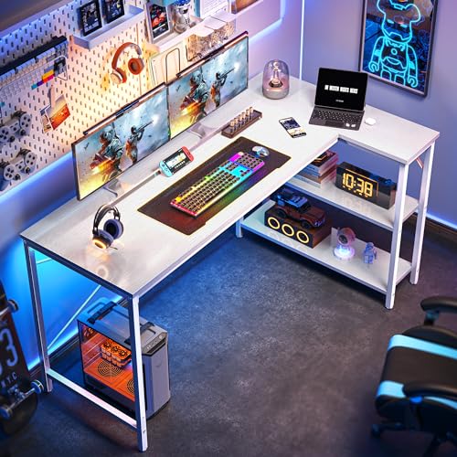 Huuger L Shaped Desk, 55 Inches Computer Desk with Reversible Storage Shelves, for Gaming Corner Home Office Writing Study, Metal Frame, White