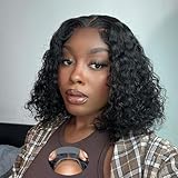 Bworto Glueless Bob Wigs Human Hair Deep Wave 5x5 Lace Front Wigs Deep Curly HD Lace Closure Wigs Human Hair Pre Plucked Pre Cut Wear and Go Glueless Wig for Beginners (12 Inch)