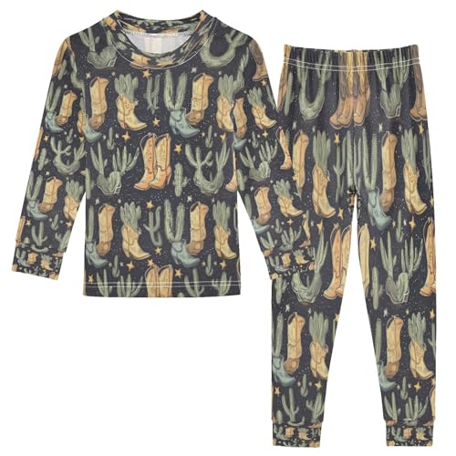 Pajama Sets Long Sleeve Cowboy Boots and Cactus Pattern Soft Comfy Sleepwear 2 Piece PJS 3-8T