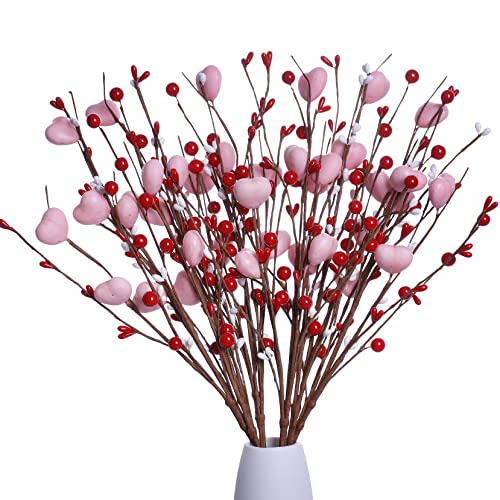 J'FLORU Valentine’s Day Decorations 6 Pack Valentines Day Picks Berry Stems with Pink Hearts for Valentine Decor Anniversary Wedding Decorations (Red/Pink)