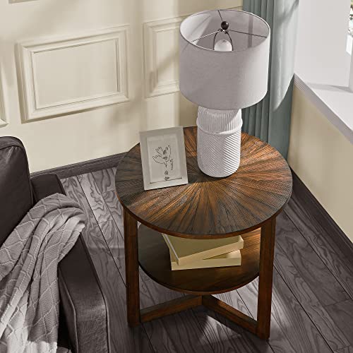 Moderion Large End Table With Storage Shelf Rustic Circular Sofa Side Table With Black Metal Legs Solid Wood Nightstand Telephone Table For Living Room Bedroom 25.2”D X 24”H Natural Brown Cjz1338Nc #TOP3