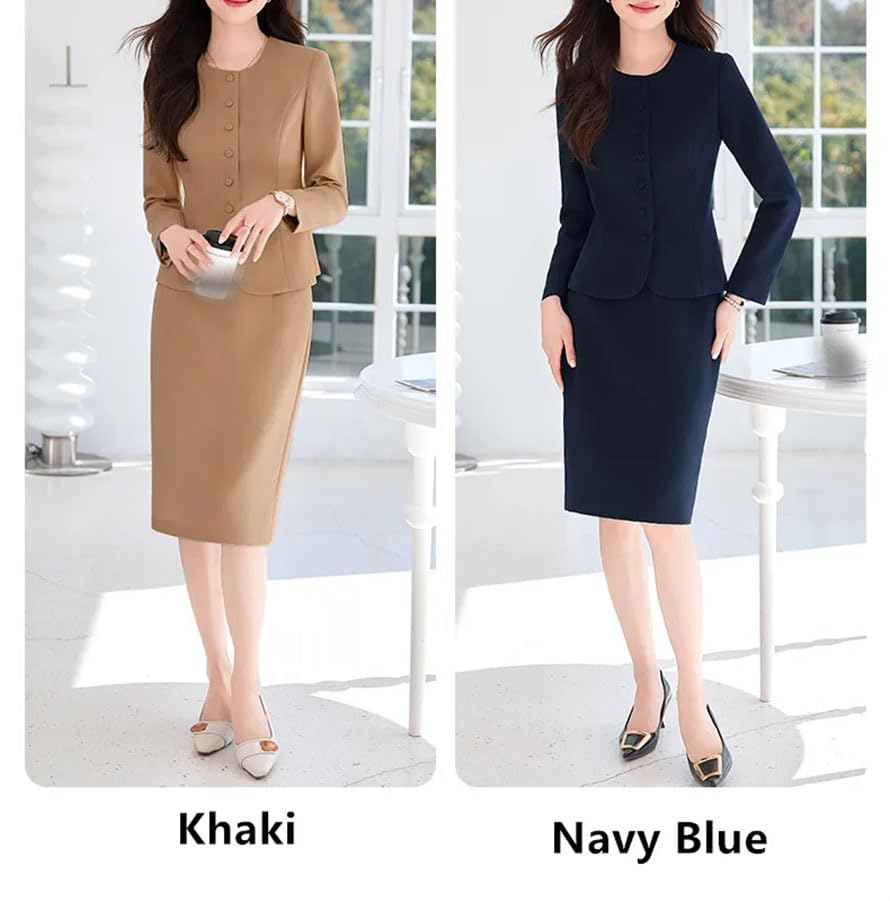 Pohullan Women Fall Work Suit Office Business Solid Single Breasted Jacket Skirt Two-Piece Suits2
