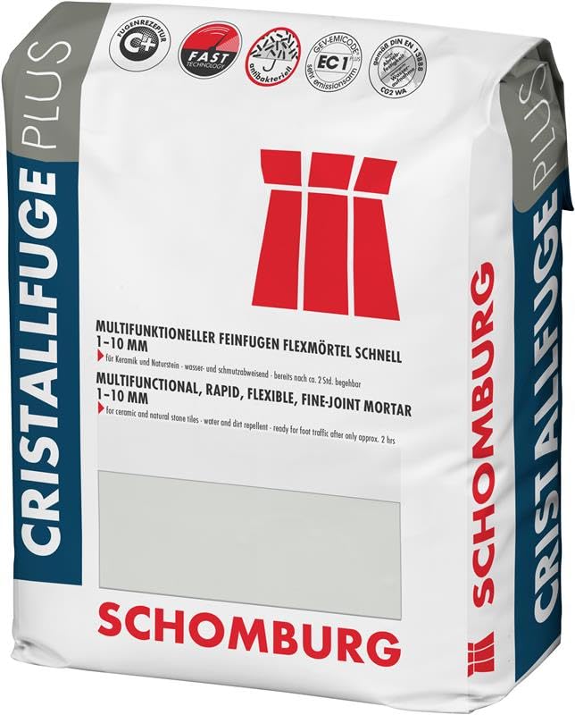 SCHOMBURG Cristallfuge Plus - Multifunktioneller Feinfugen-Flexmörtel schnell erhärtend Fliesen Feinsteinzeug Naturstein Wand & Boden innen & außen komfortables Waschfenster sandgrau 5 kg