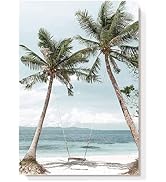 Beach Coastal Canvas Wall Art: Seaside Palm Tree Painting Seascape Swing Hanging on Coconut Trees...