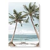 Beach Coastal Canvas Wall Art: Seaside Palm Tree Painting Seascape Swing Hanging on Coconut Trees Picture Light Blue Seawater Ocean Artwork Decor for Living Room Bathroom 16' x 11'
