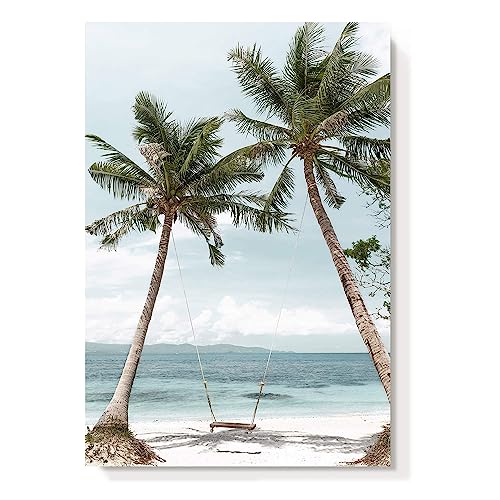 Beach Coastal Canvas Wall Art: Seaside Palm Tree Painting Seascape Swing Hanging on Coconut Trees...