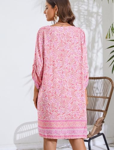 Image of Zeagoo Womens Boho Dresses Casual Beach Summer Dress Tassel Tie Neck 3 /4 Long Sleeve Mini Sundress 2025 Floral Print Cover Up