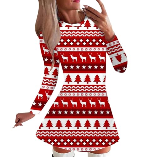 Robe de Noël décontractée femme manche longue imprimée flocon pour tenue de fête hiver