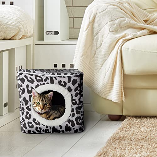 Cat Pet Bed Cave- Indoor Enclosed Covered Cavern/House For Cats Kittens And Small Pets With Removable Cushion Pad By Petmaker, Gray/Black Animal Print 13X12X12 #TOP5