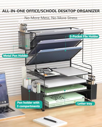 Image of WALI Desk File Organizer, 7 Tier Desktop Paper Letter Tray Organizer with Drawer and 3 Pen Holders, Office Desk Accessories & Workspace Organizers for Office, Home, School Supplies, 1 Pack, Black