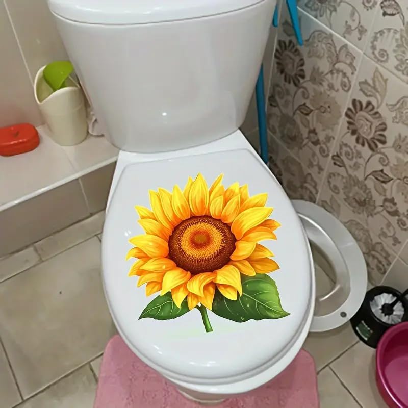 Cartoon Sunflower Toilet Cover Sticker Decals,Fish Bird Flower Leaf Waterproof Toilet Lid Tank Seat Decals Cistern Self-Adhesive Bathroom Wall Sticker
