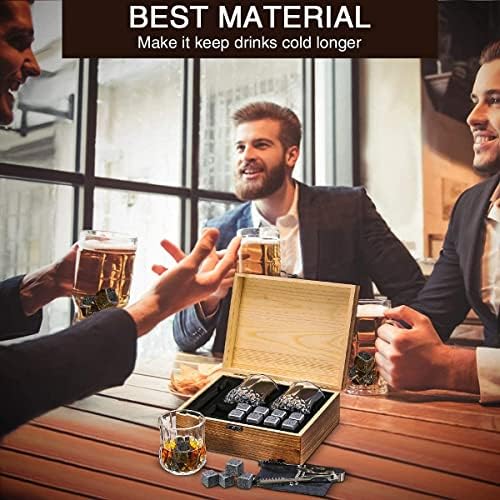 Baban Whiskey Stones & Glasses Gift Set, 2 Whiskey Glasses and 8 Granite Chilling Stone in Wooden Box, Whiskey Set with Storage Pouch/Ice Tongs, Gift Set for Birthday, New Year, Valentine's Day