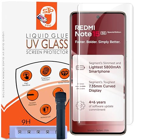 Image of STP FEEL HD+ UV Tempered Glass Screen Protector Guard Compatible For Xiaomi Redmi Note 15 Special Edition /Note 15 SE 5G (6.77 Inch, Pack of 1) Full Adhesive UV Curved Case Friendly HD Clarity