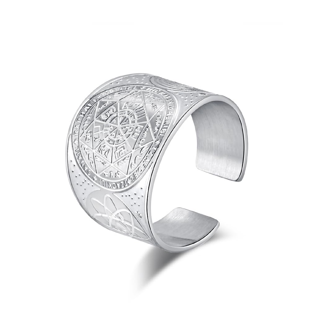 Anillo de cábala Salomón de acero inoxidable con diseño de sello de los siete arcángeles, forma de triángulo, estrella de David, amuleto de protección de estrella de David, para mujer, regalo de
