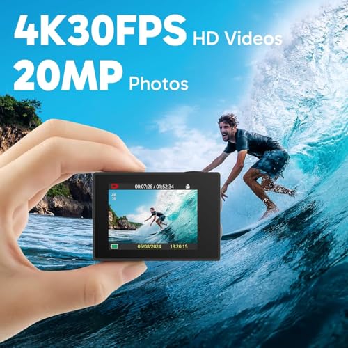 AKASO EK7000 4K30FPS 20MP WiFi Action Camera with EIS Ultra HD Underwater Camera 131FT Waterproof Camera Remote Control 4X Zoom Support External Microphone Silver