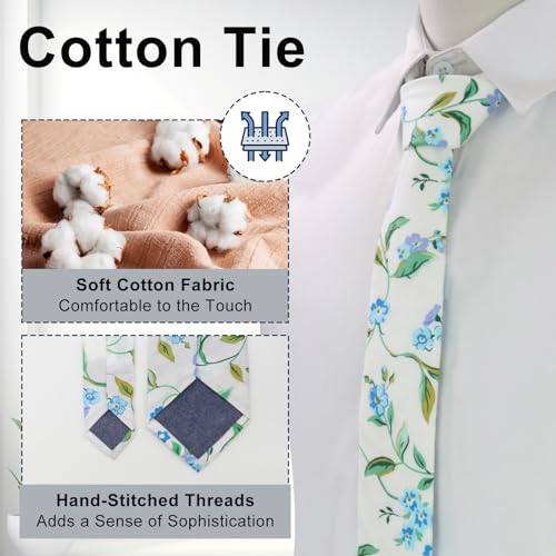 Image of Luckyvestir Mens Ties, Sage /Dusty Blue /Pink Floral Ties for Men, 2.76 inch Cotton Flower Necktie for Wedding /Groomsmen /Party